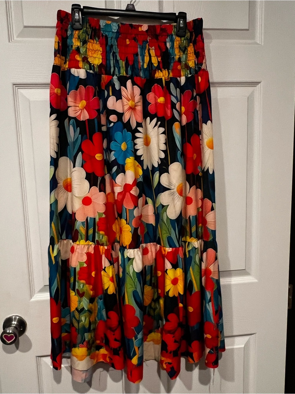 Fun Bright Floral Tiered Midi Skirt in Multi-Color L/XL